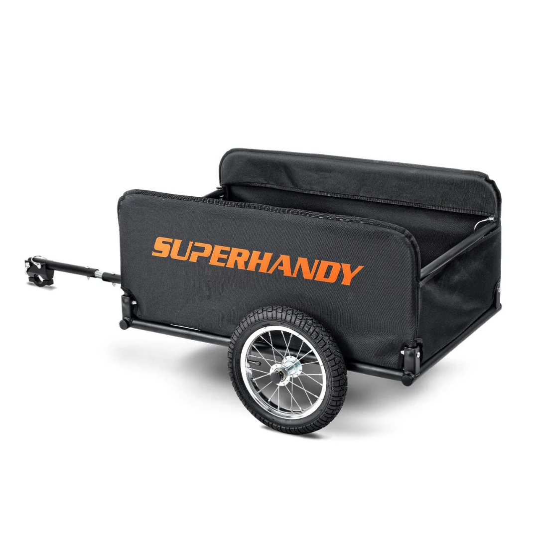 The SuperHandy Scooter Cargo Trailer is black with two wheels, an open top, SUPERHANDY in bold orange on the side, a metal frame, bicycle hitch, and tool-free assembly for easy setup.